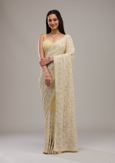 Lemon Yellow Threadwork Tissue Saree-Koskii