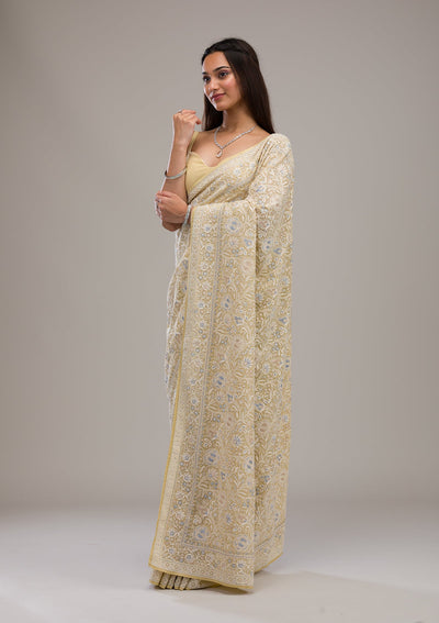 Lemon Yellow Threadwork Tissue Saree-Koskii