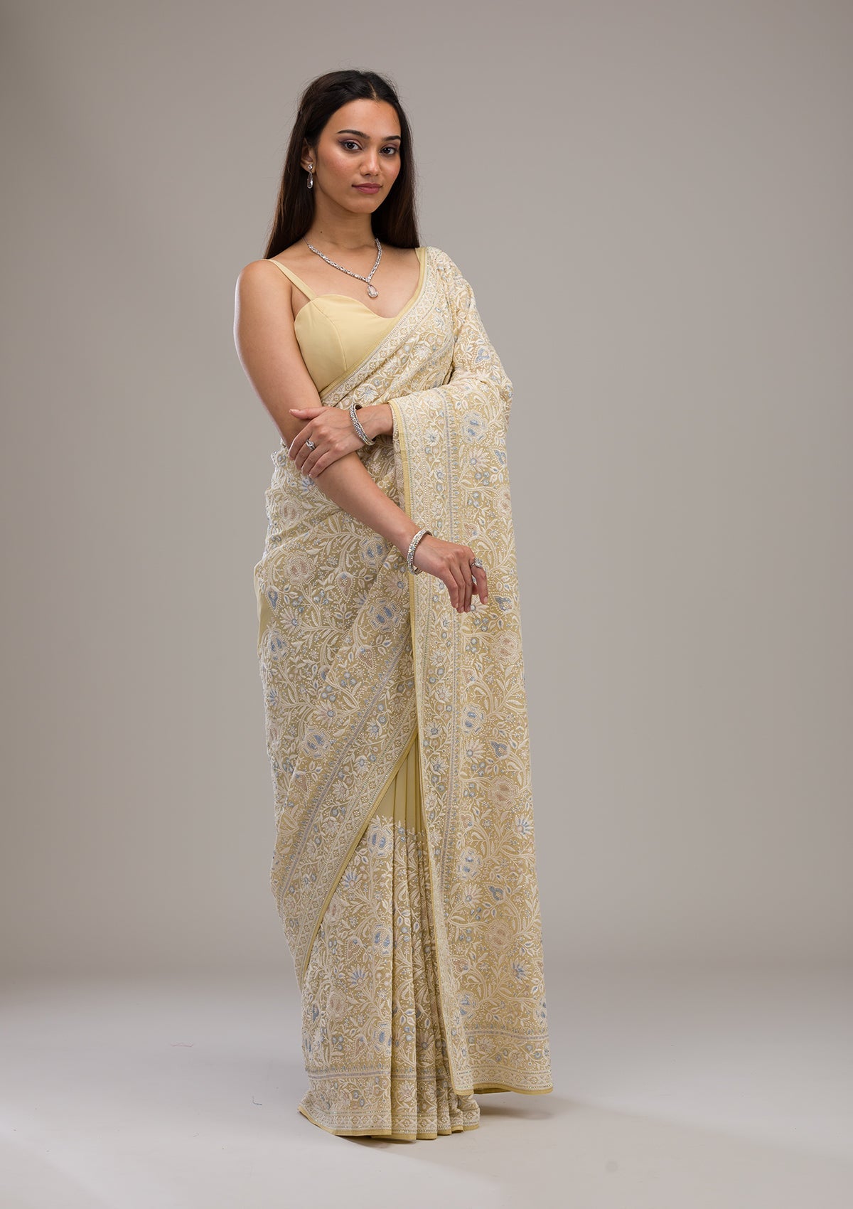 Lemon Yellow Threadwork Tissue Saree-Koskii