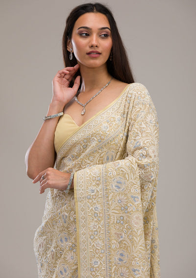 Lemon Yellow Threadwork Tissue Saree-Koskii