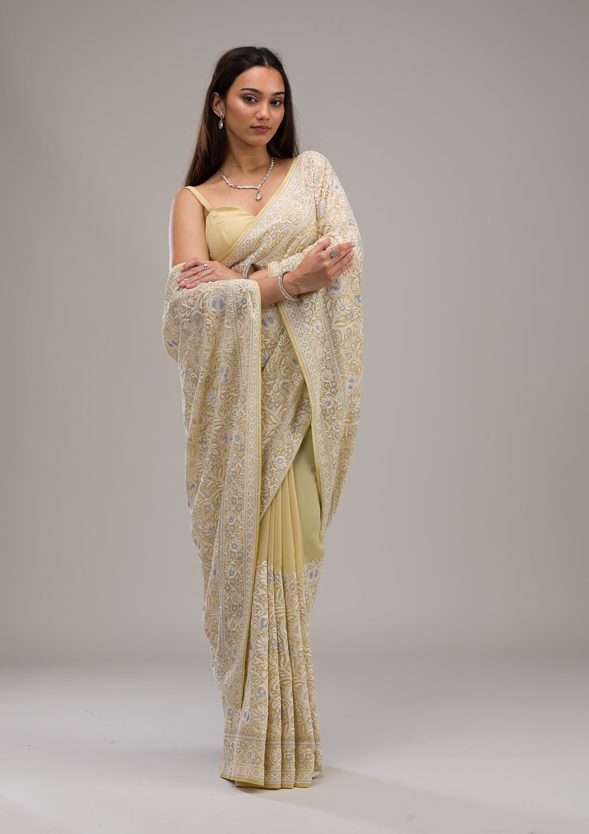 Lemon Yellow Threadwork Tissue Saree-Koskii