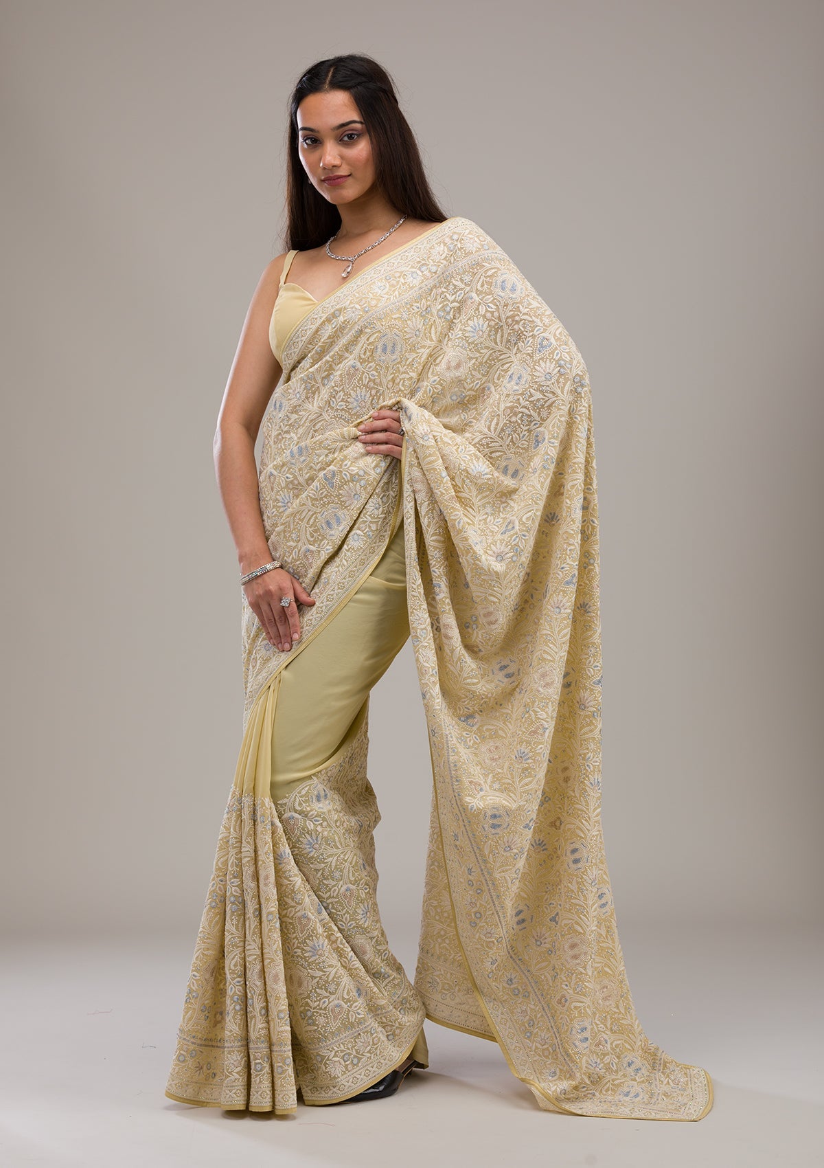 Lemon Yellow Threadwork Tissue Saree-Koskii