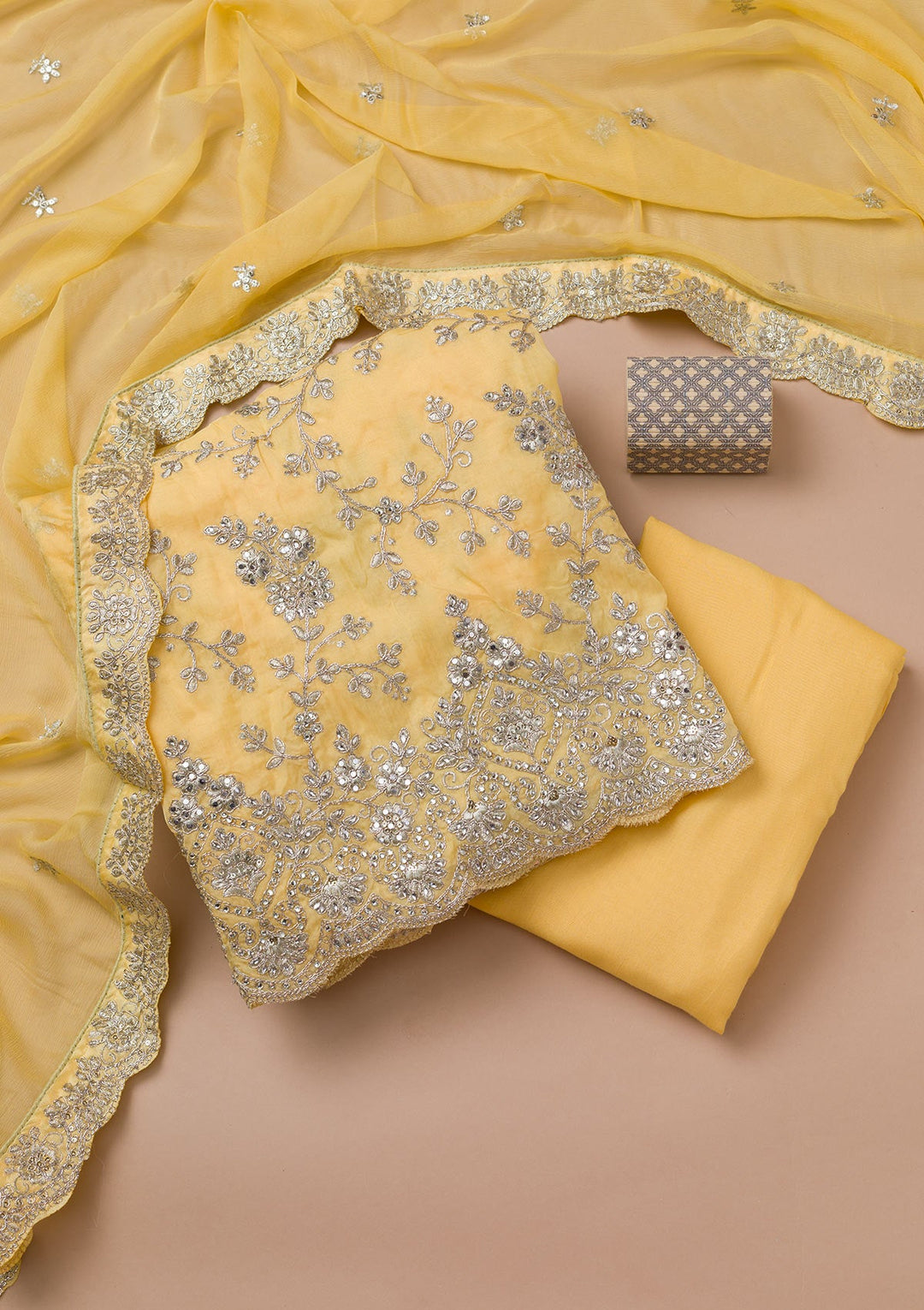 Lemon Yellow Zariwork Crepe Unstitched Salwar Suit-Koskii