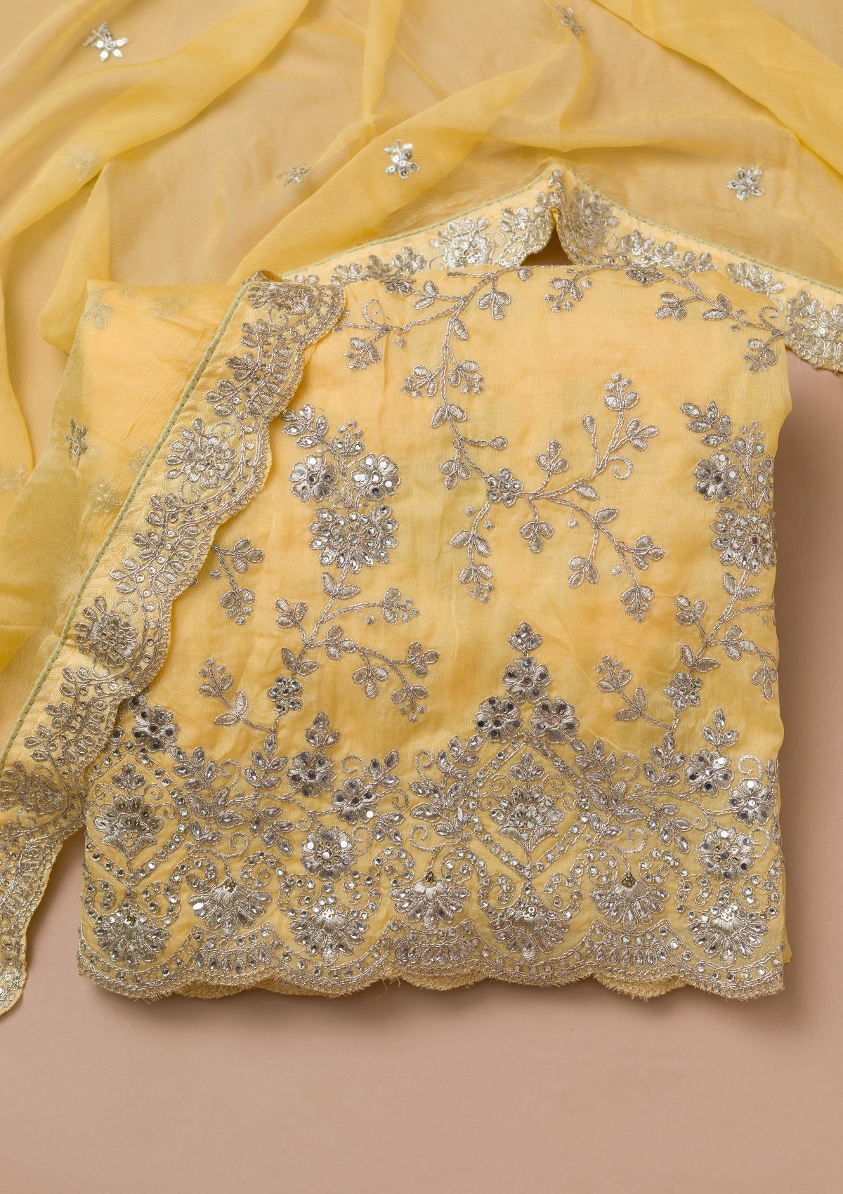 Lemon Yellow Zariwork Crepe Unstitched Salwar Suit-Koskii