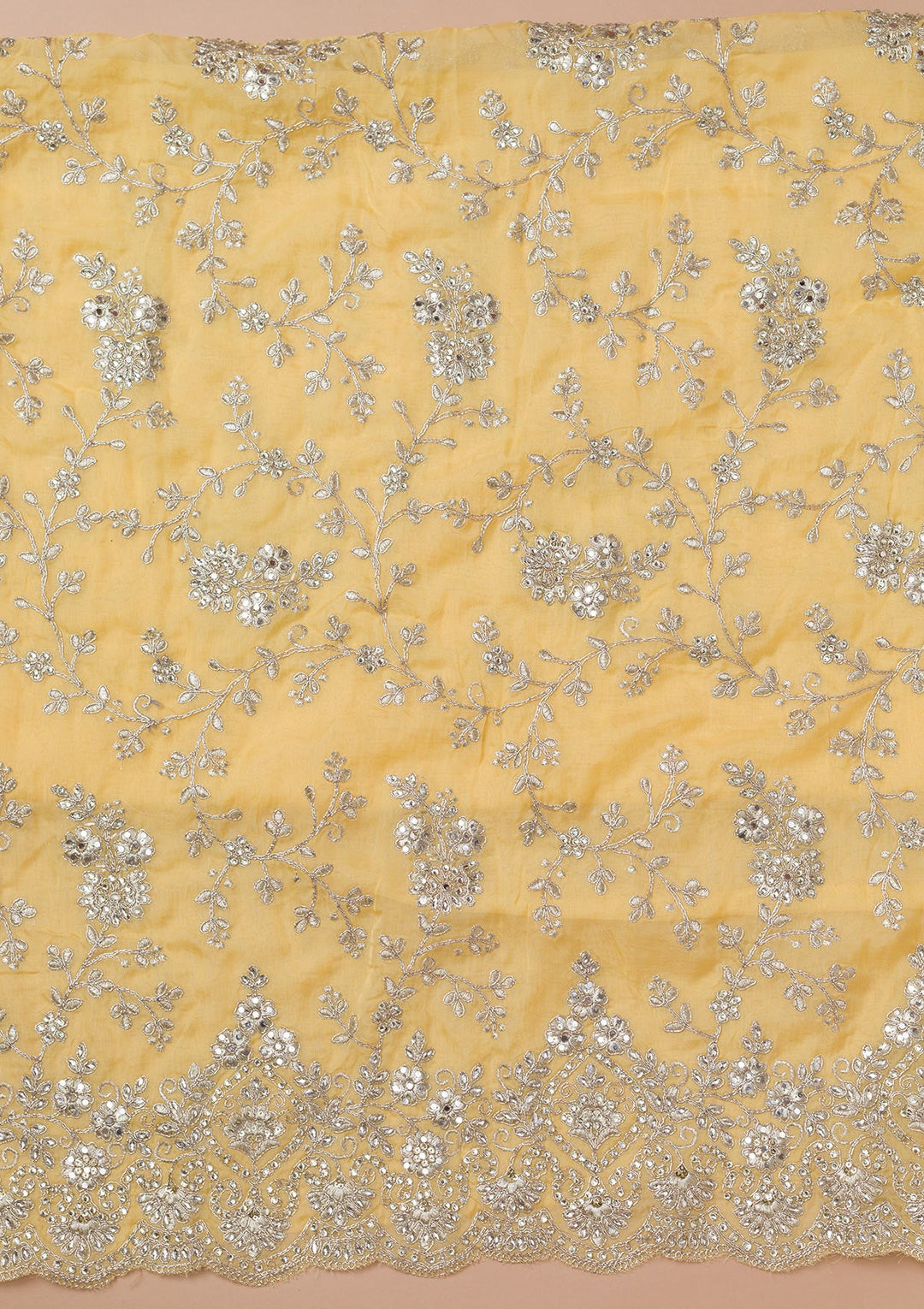 Lemon Yellow Zariwork Crepe Unstitched Salwar Suit-Koskii
