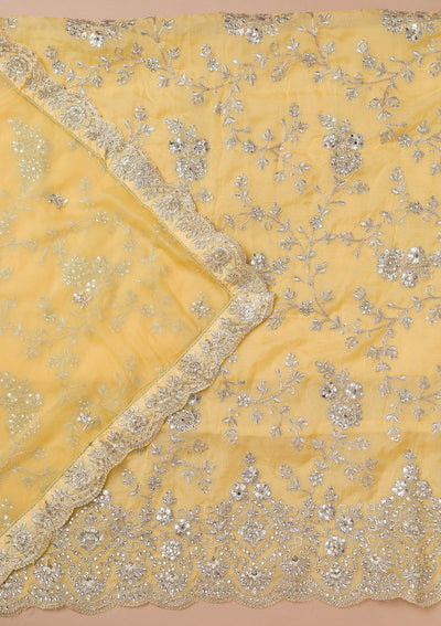 Lemon Yellow Zariwork Crepe Unstitched Salwar Suit-Koskii