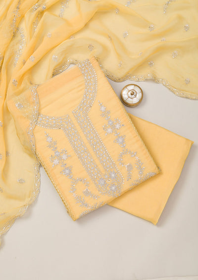 Lemon Yellow Zariwork Tissue Unstitched Salwar Suit-Koskii