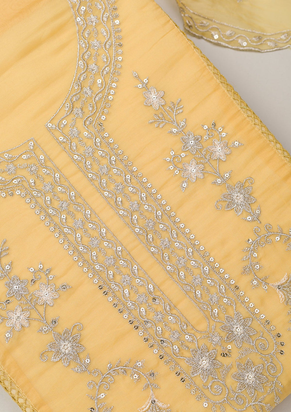 Lemon Yellow Zariwork Tissue Unstitched Salwar Suit-Koskii