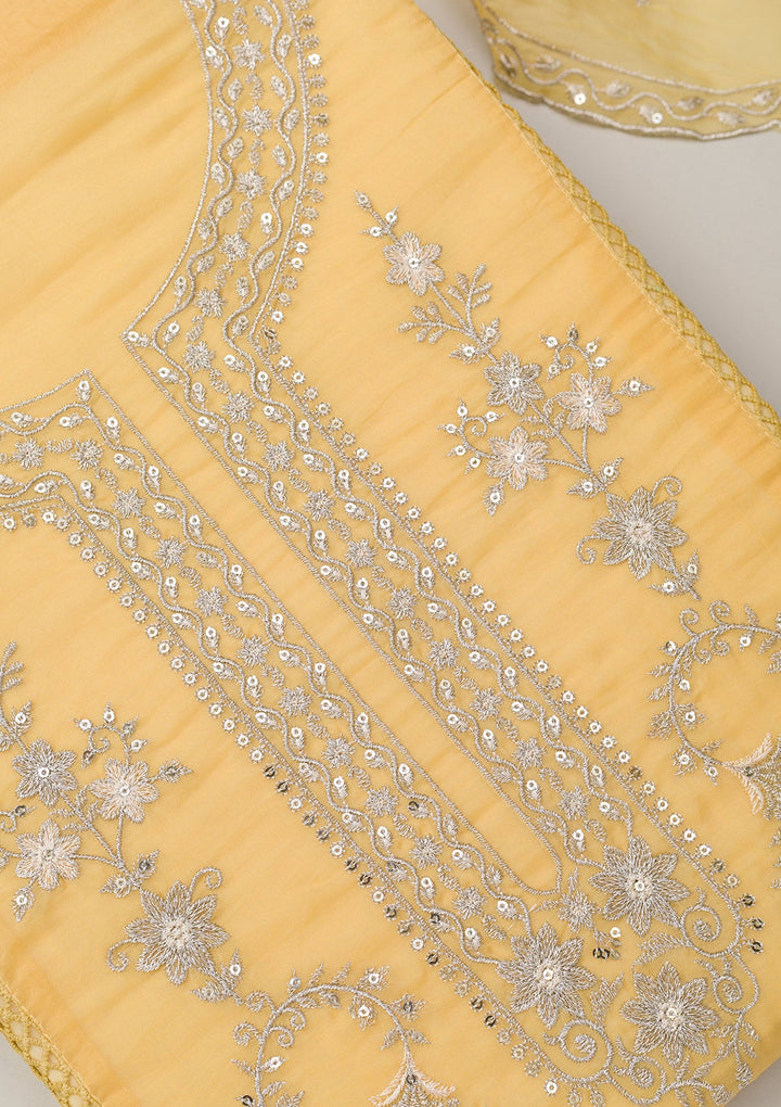 Lemon Yellow Zariwork Tissue Unstitched Salwar Suit-Koskii