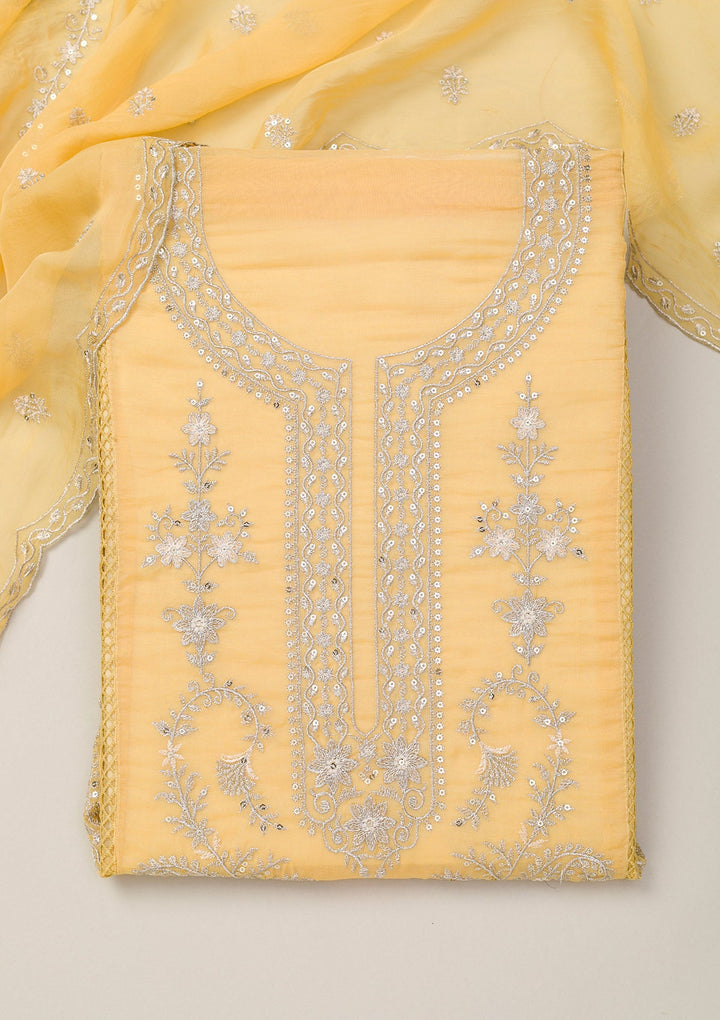 Lemon Yellow Zariwork Tissue Unstitched Salwar Suit-Koskii