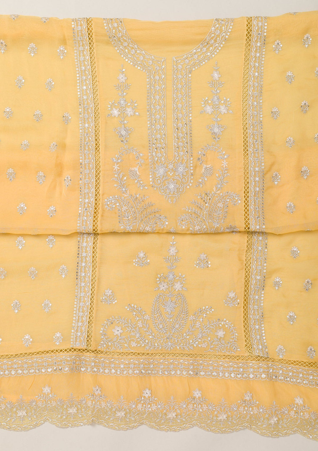 Lemon Yellow Zariwork Tissue Unstitched Salwar Suit-Koskii