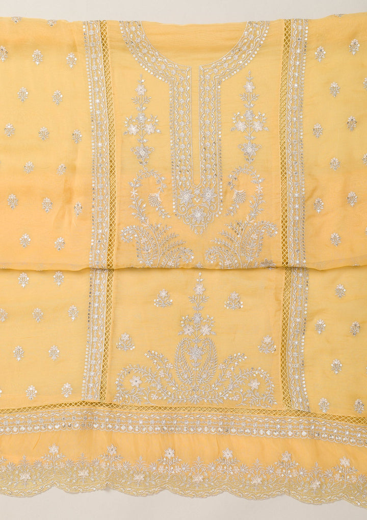 Lemon Yellow Zariwork Tissue Unstitched Salwar Suit-Koskii
