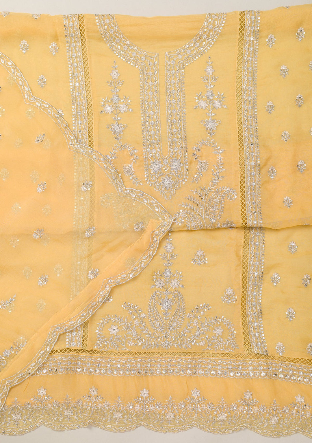 Lemon Yellow Zariwork Tissue Unstitched Salwar Suit-Koskii