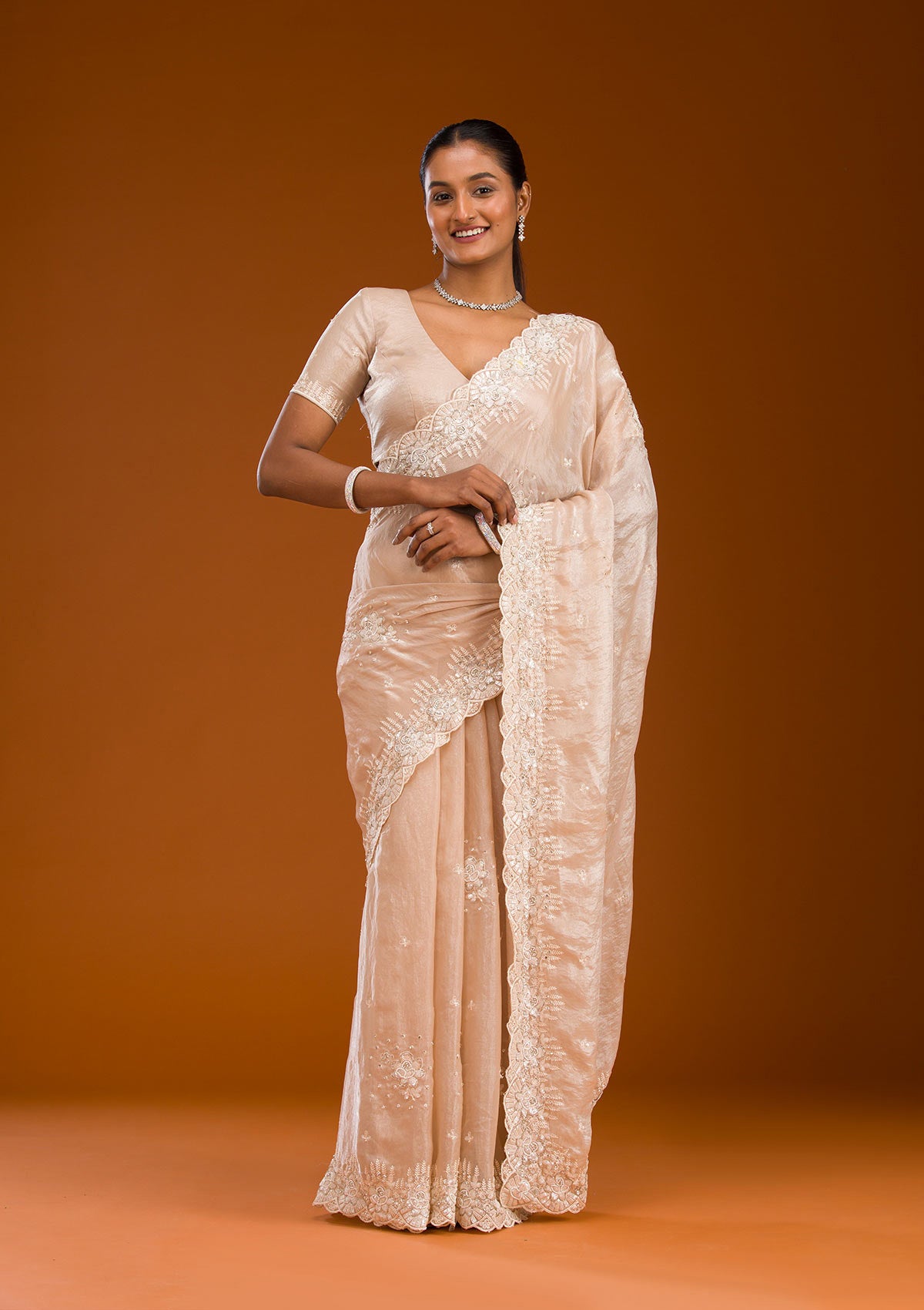 Light Brown Sequins Chiffon Saree