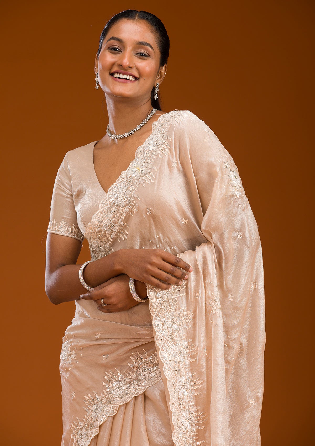 Light Brown Sequins Chiffon Saree