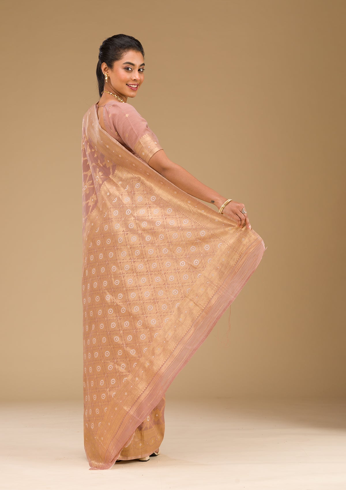 Light Brown Zariwork Art Silk Saree-Koskii