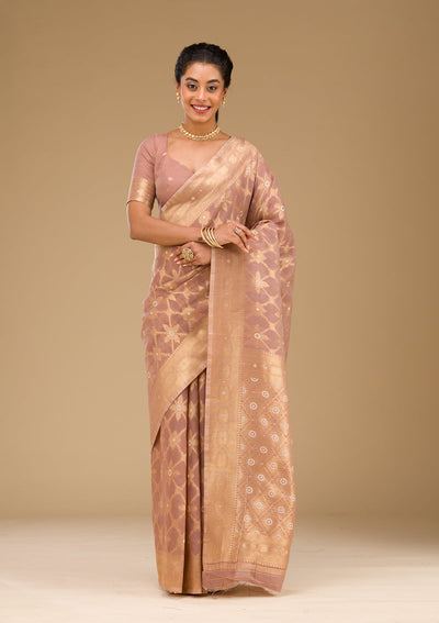 Light Brown Zariwork Art Silk Saree-Koskii