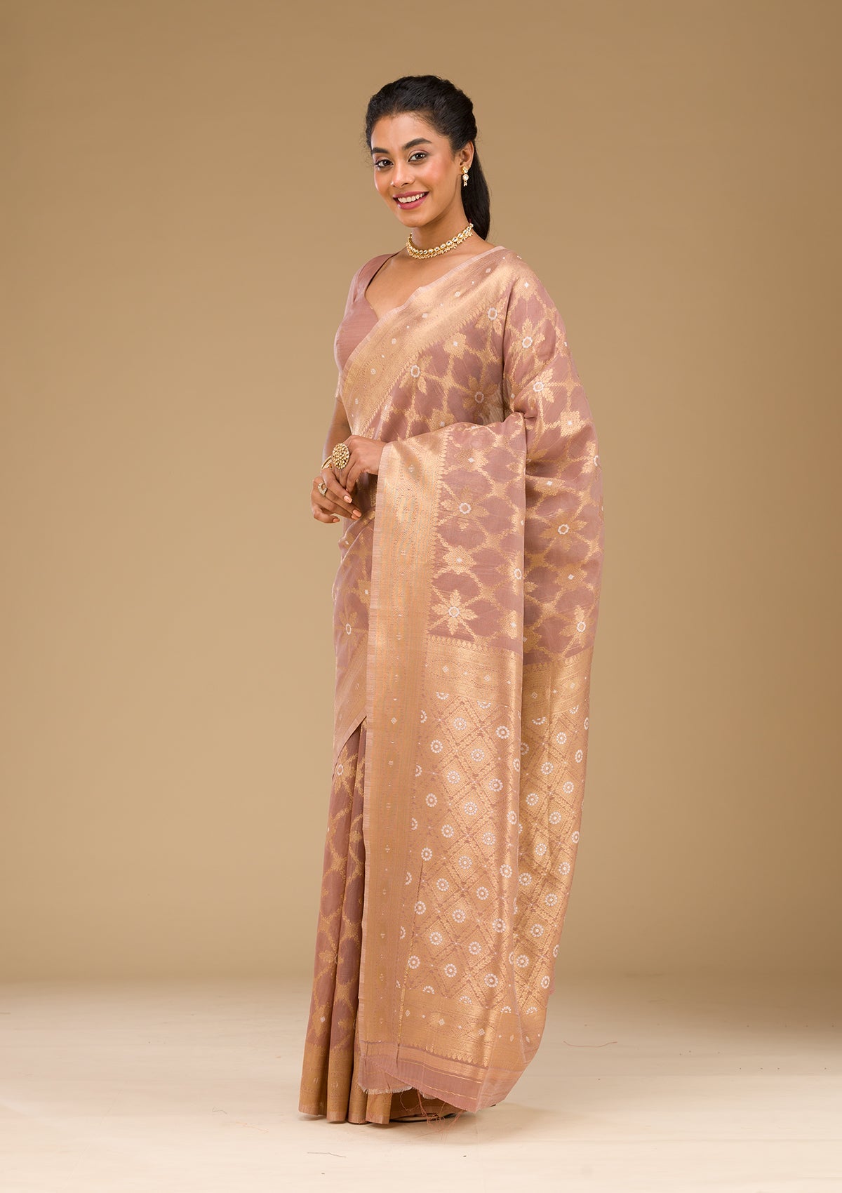 Light Brown Zariwork Art Silk Saree-Koskii