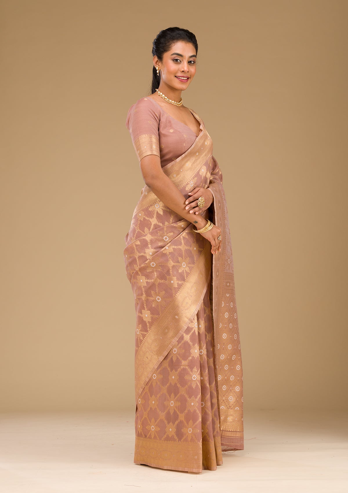 Light Brown Zariwork Art Silk Saree-Koskii