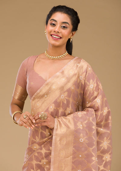 Light Brown Zariwork Art Silk Saree-Koskii