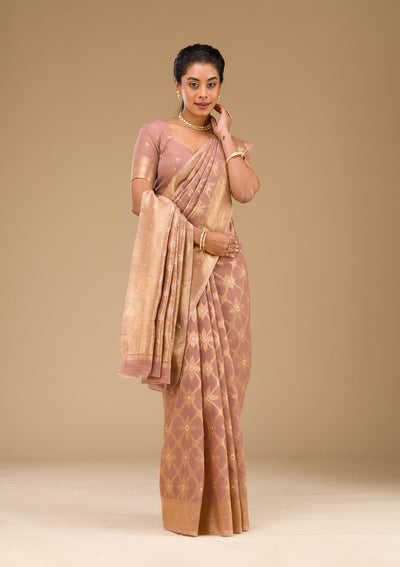 Light Brown Zariwork Art Silk Saree-Koskii