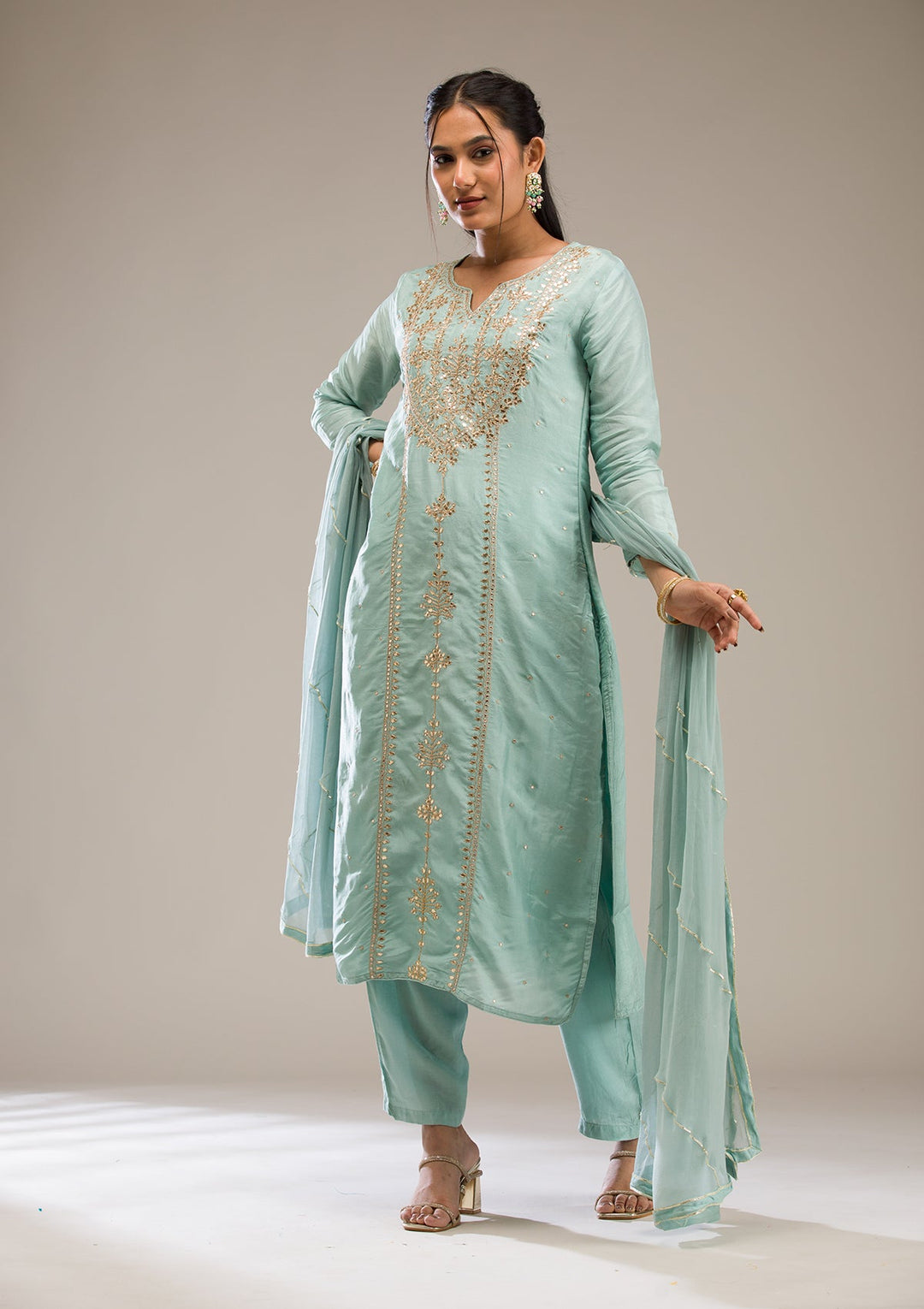 Light Grey Gotapatti Semi Crepe Readymade Salwar Suit-Koskii