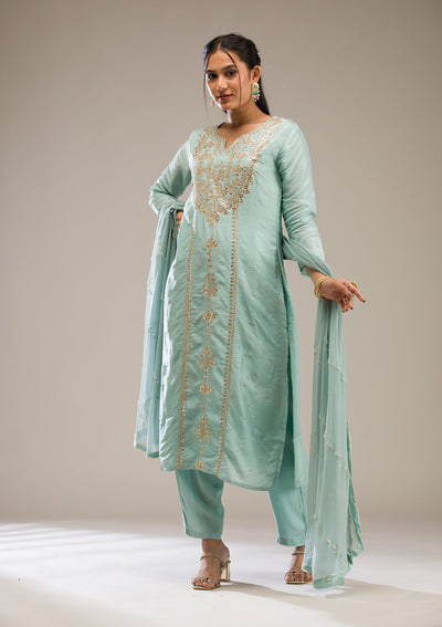 Light Grey Gotapatti Semi Crepe Readymade Salwar Suit-Koskii