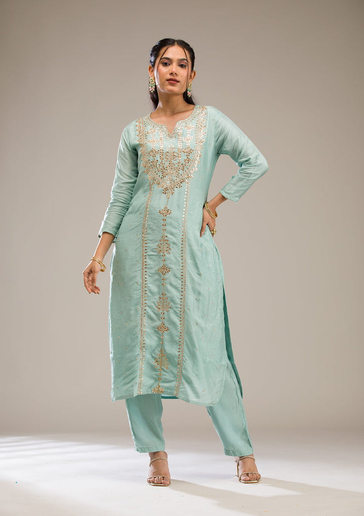 Light Grey Gotapatti Semi Crepe Readymade Salwar Suit-Koskii