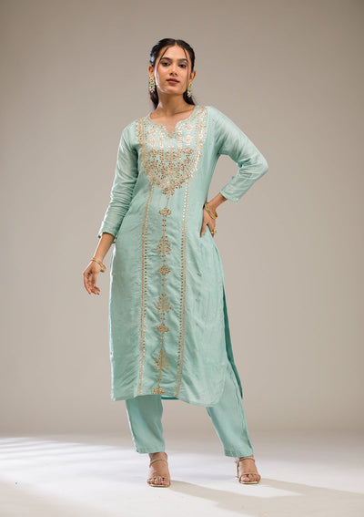 Light Grey Gotapatti Semi Crepe Readymade Salwar Suit-Koskii