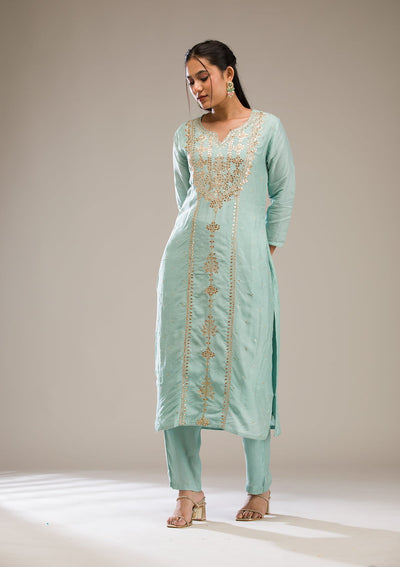 Light Grey Gotapatti Semi Crepe Readymade Salwar Suit-Koskii