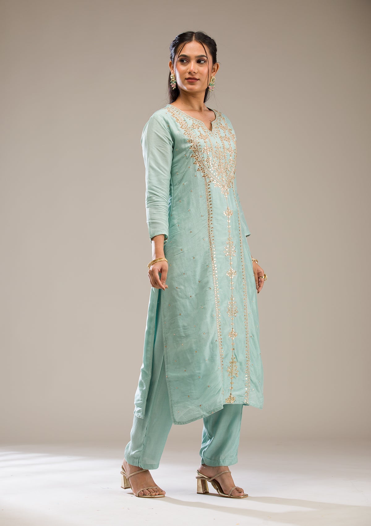 Light Grey Gotapatti Semi Crepe Readymade Salwar Suit-Koskii