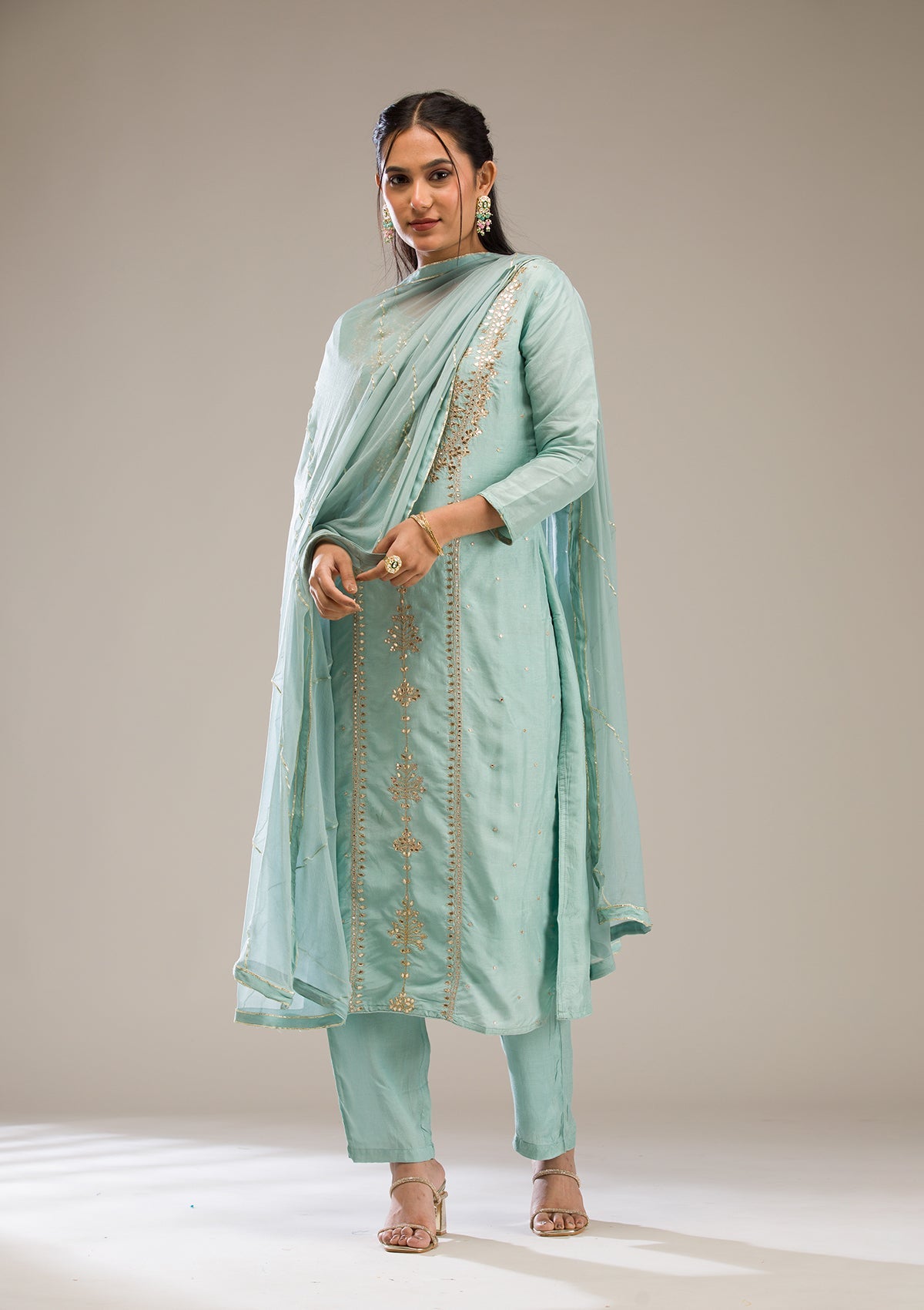 Light Grey Gotapatti Semi Crepe Readymade Salwar Suit-Koskii