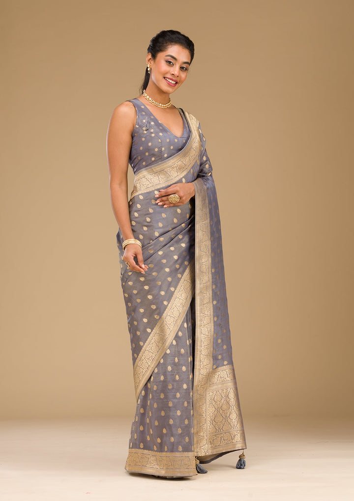 Light Grey Zariwork Raw Silk Saree-Koskii