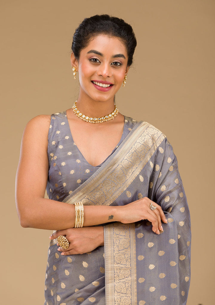 Light Grey Zariwork Raw Silk Saree-Koskii
