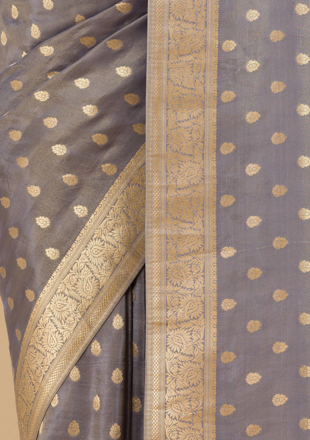 Light Grey Zariwork Raw Silk Saree-Koskii
