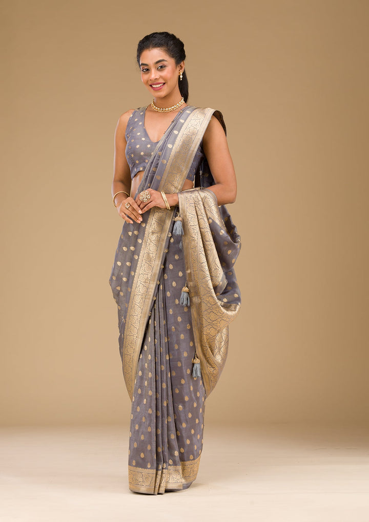 Light Grey Zariwork Raw Silk Saree-Koskii