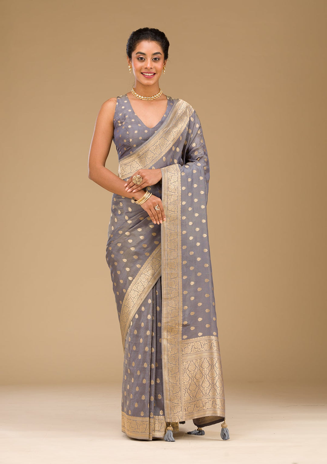 Light Grey Zariwork Raw Silk Saree-Koskii