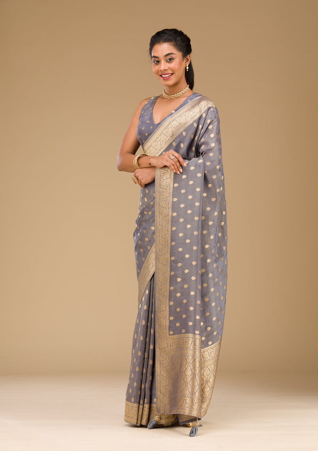 Light Grey Zariwork Raw Silk Saree-Koskii