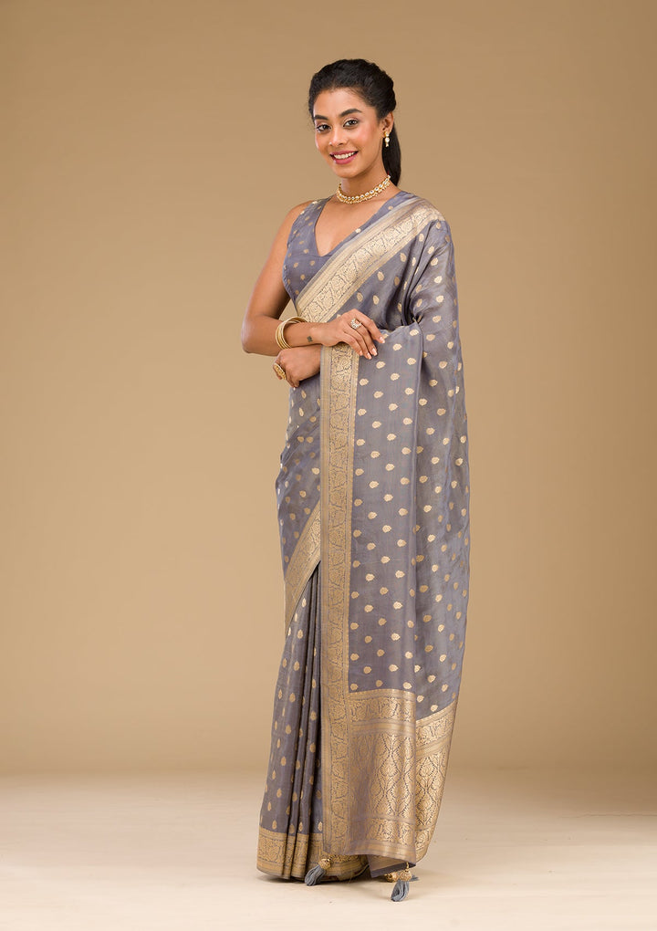 Light Grey Zariwork Raw Silk Saree-Koskii