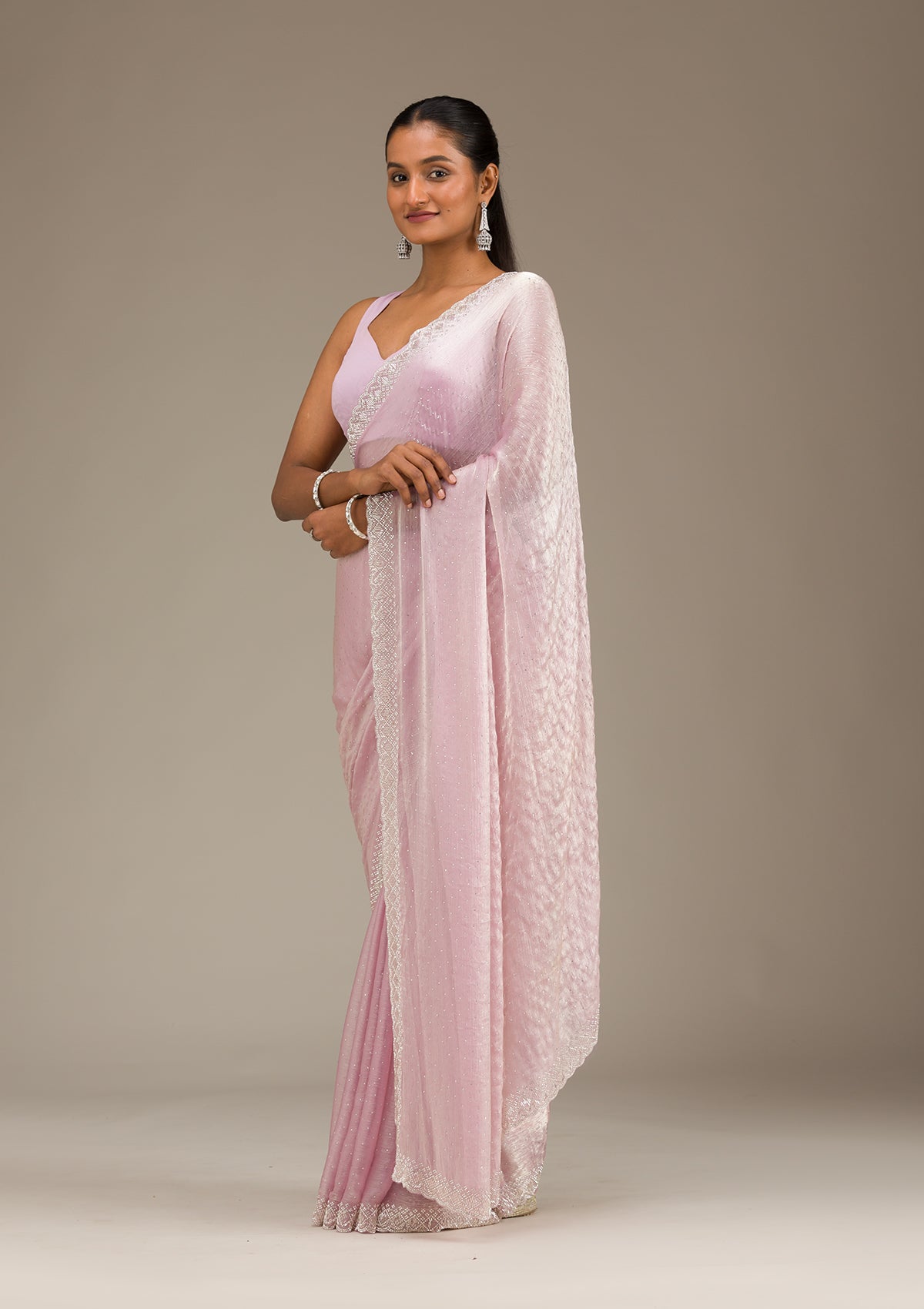 Light Peach Stonework Chiffon Saree