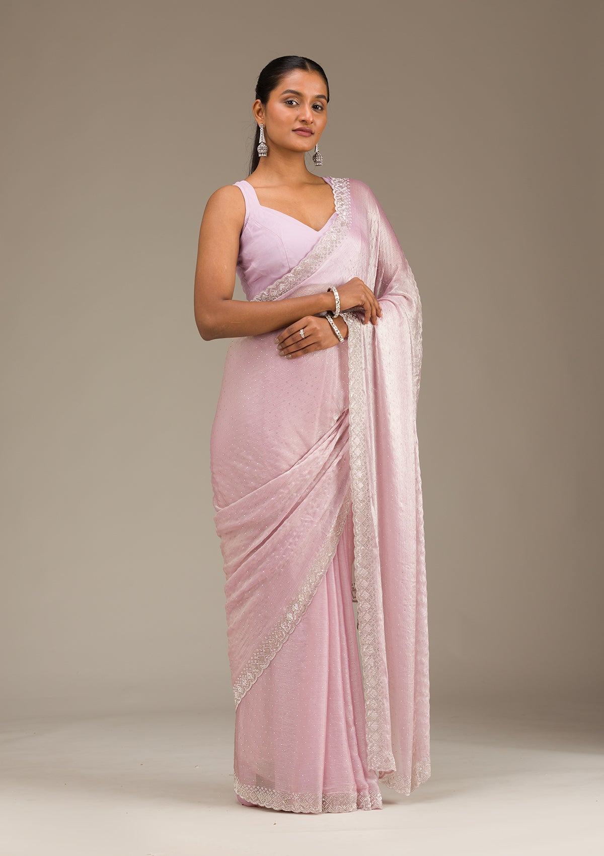 Light Peach Stonework Chiffon Saree