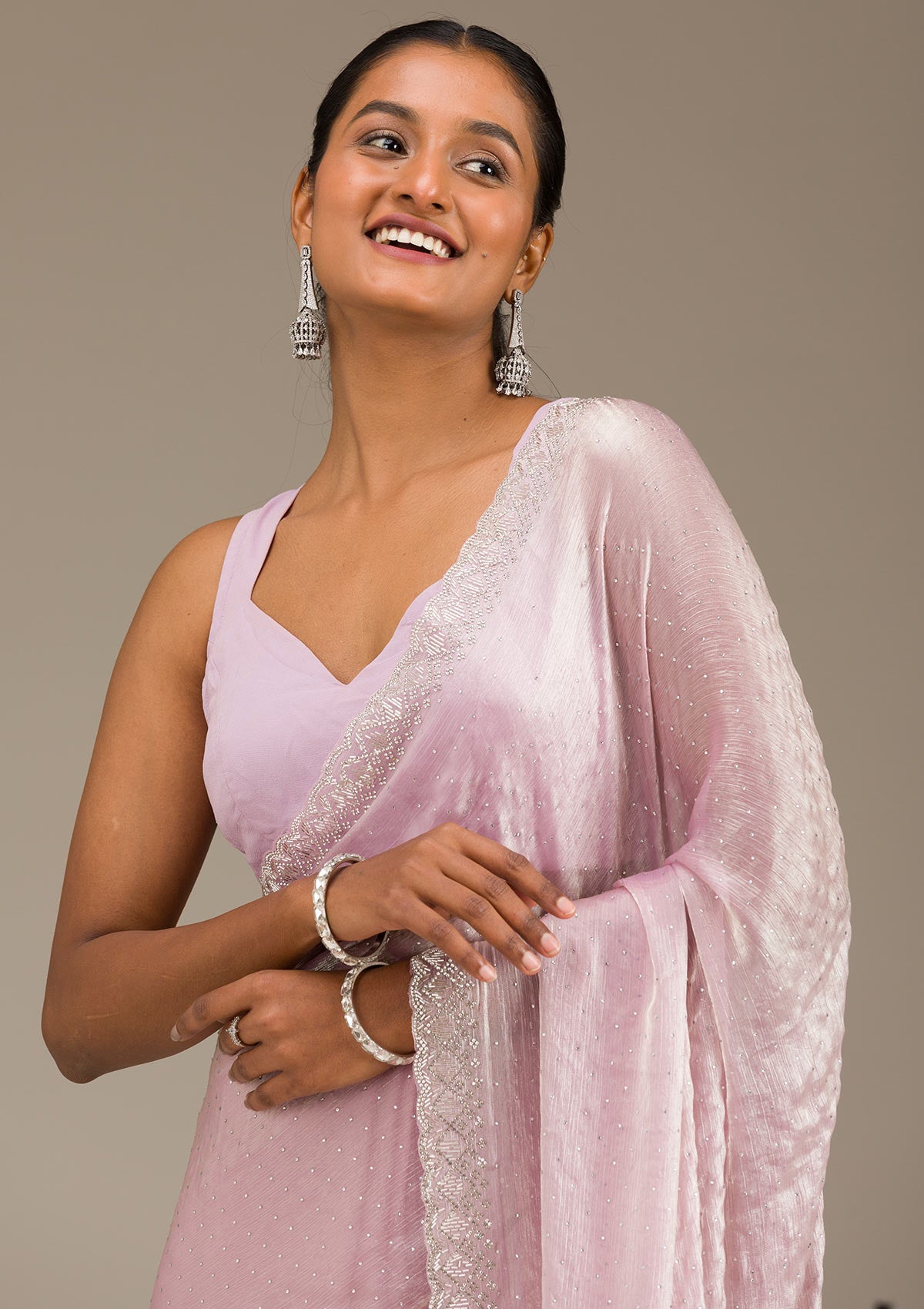 Light Peach Stonework Chiffon Saree