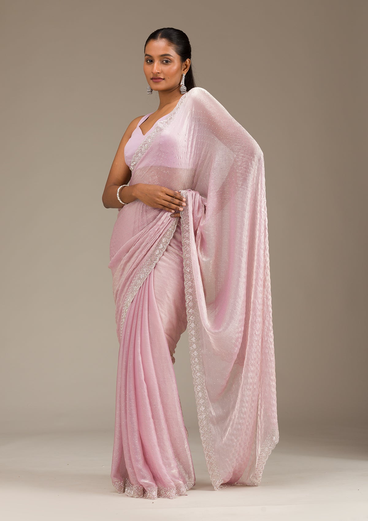 Light Peach Stonework Chiffon Saree