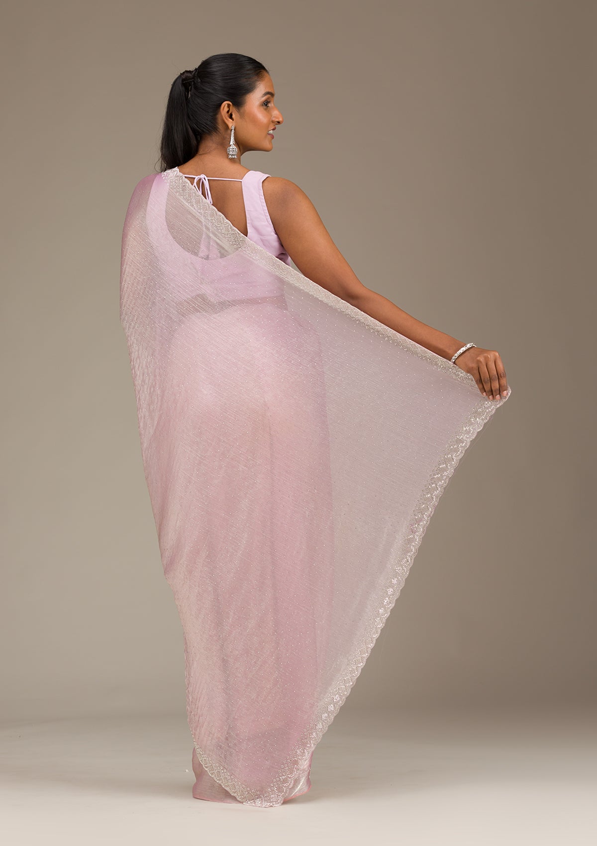 Light Peach Stonework Chiffon Saree