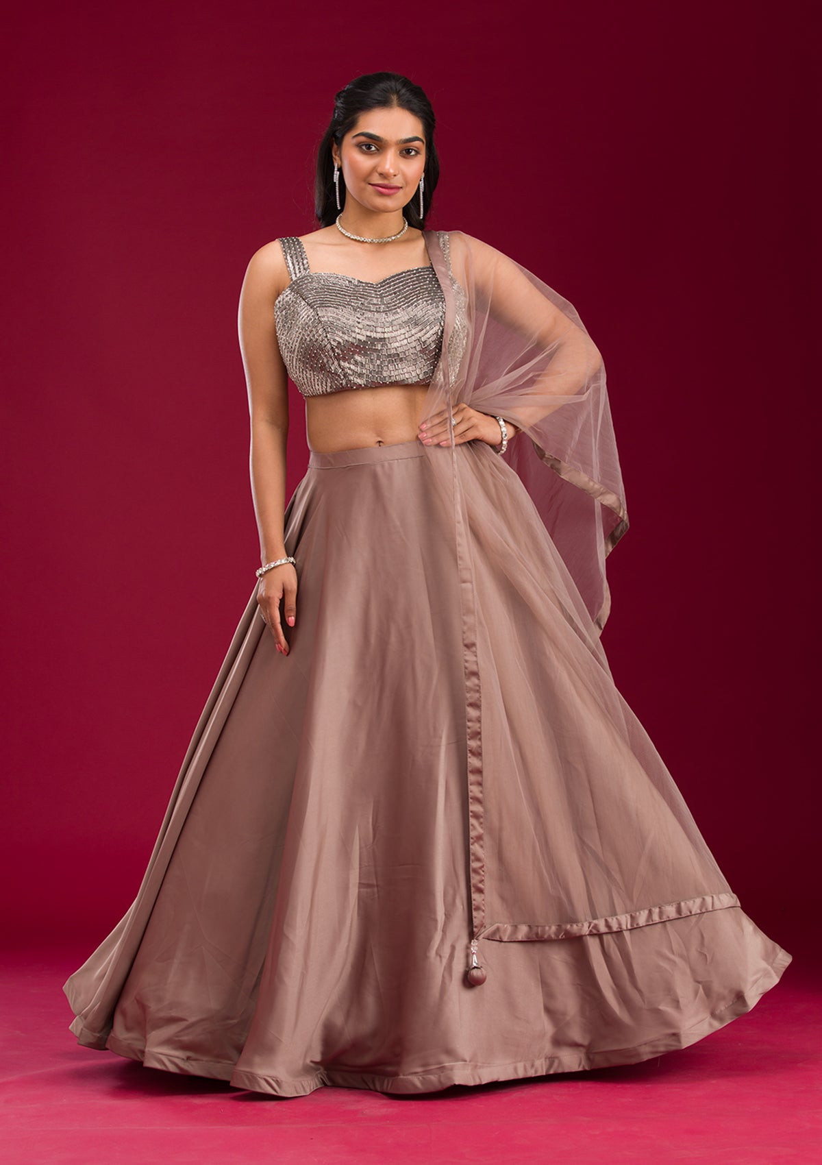 Light Brown Cutdana Satin Readymade Lehenga-Koskii