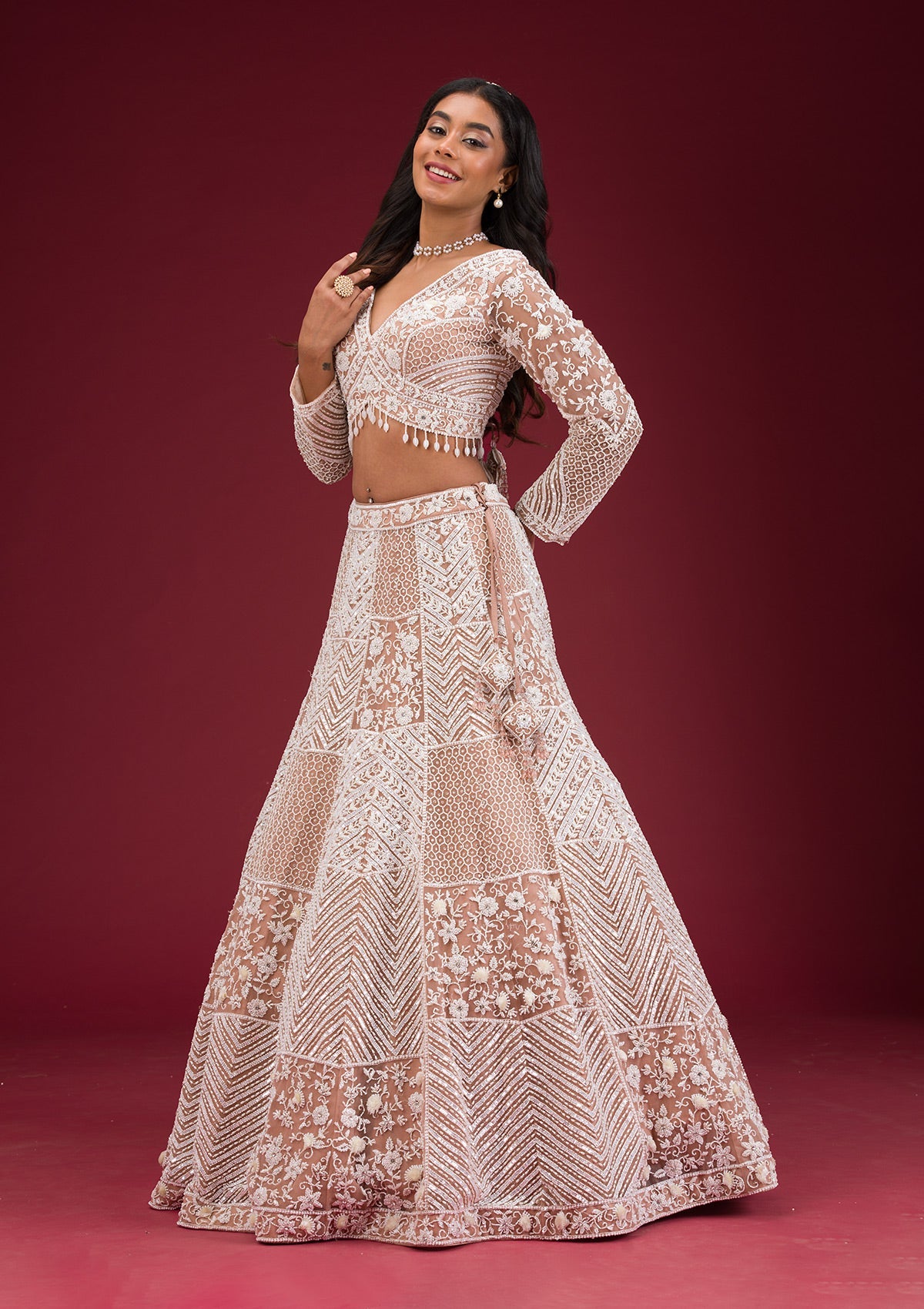 Light Brown Pearlwork Net Readymade Lehenga-Koskii