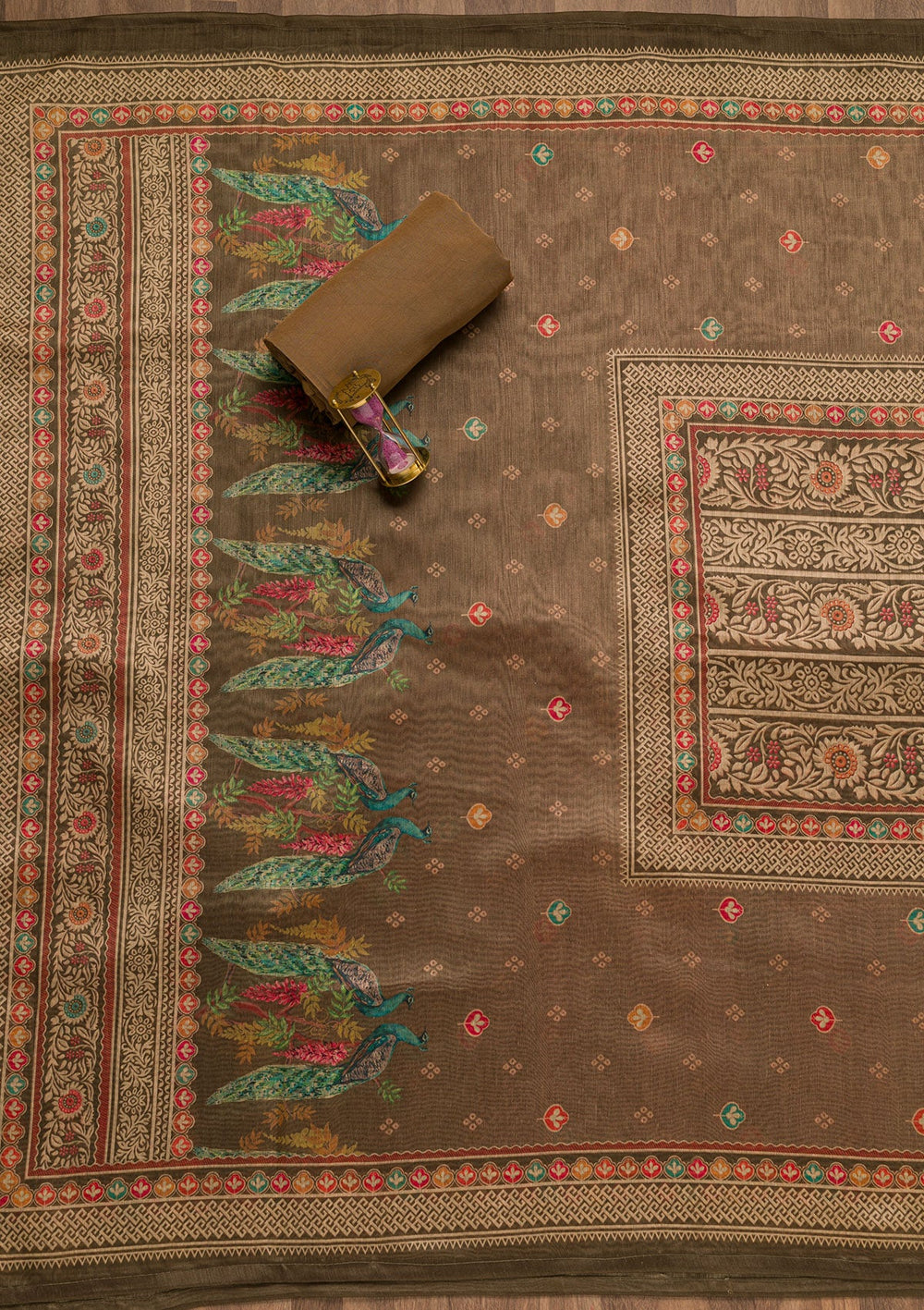 Light Brown Printed Chanderi Unstitched Salwar Suit-Koskii