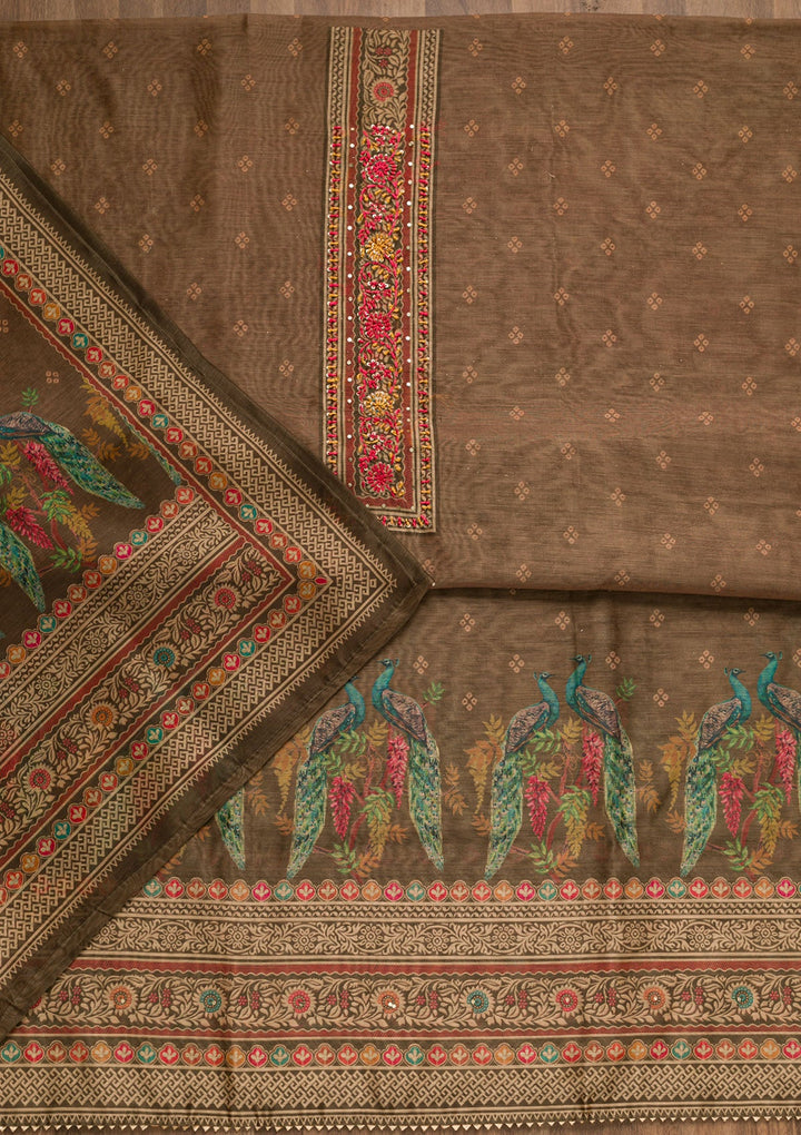 Light Brown Printed Chanderi Unstitched Salwar Suit-Koskii