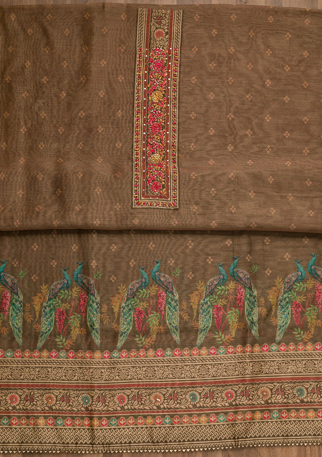 Light Brown Printed Chanderi Unstitched Salwar Suit-Koskii