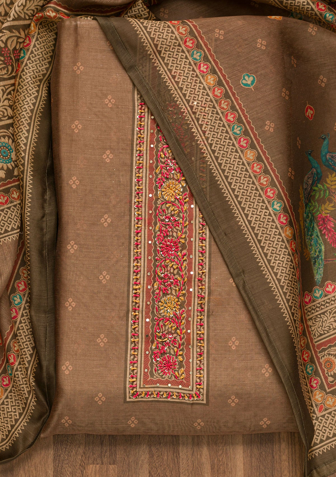 Light Brown Printed Chanderi Unstitched Salwar Suit-Koskii